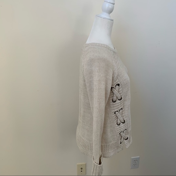 American Rag Grommet Lace Up Sides Cream Sweater - Picture 4 of 7